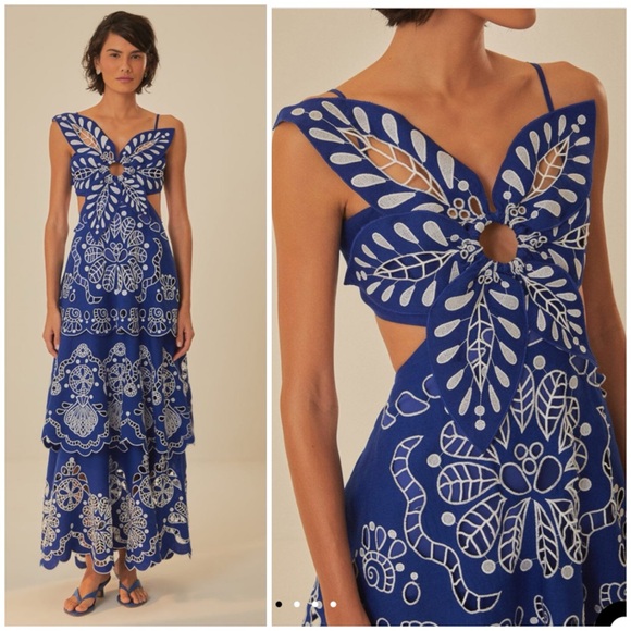 blue flower richelieu midi dress Blue Flower Richelieu Euroflax Premium Linen Midi Dress  PORTES OF GREECE